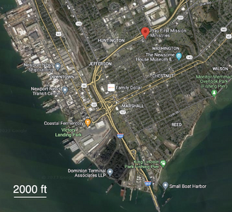 Satellite map (Google) of the Dominion Terminal and Kinder Morgan Bulk Terminals in Southeast Newport News
